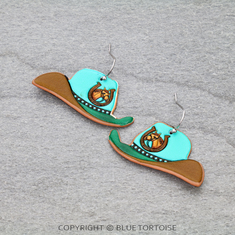 Western Tooled Leather Cowboy Hat Dangle Earrings