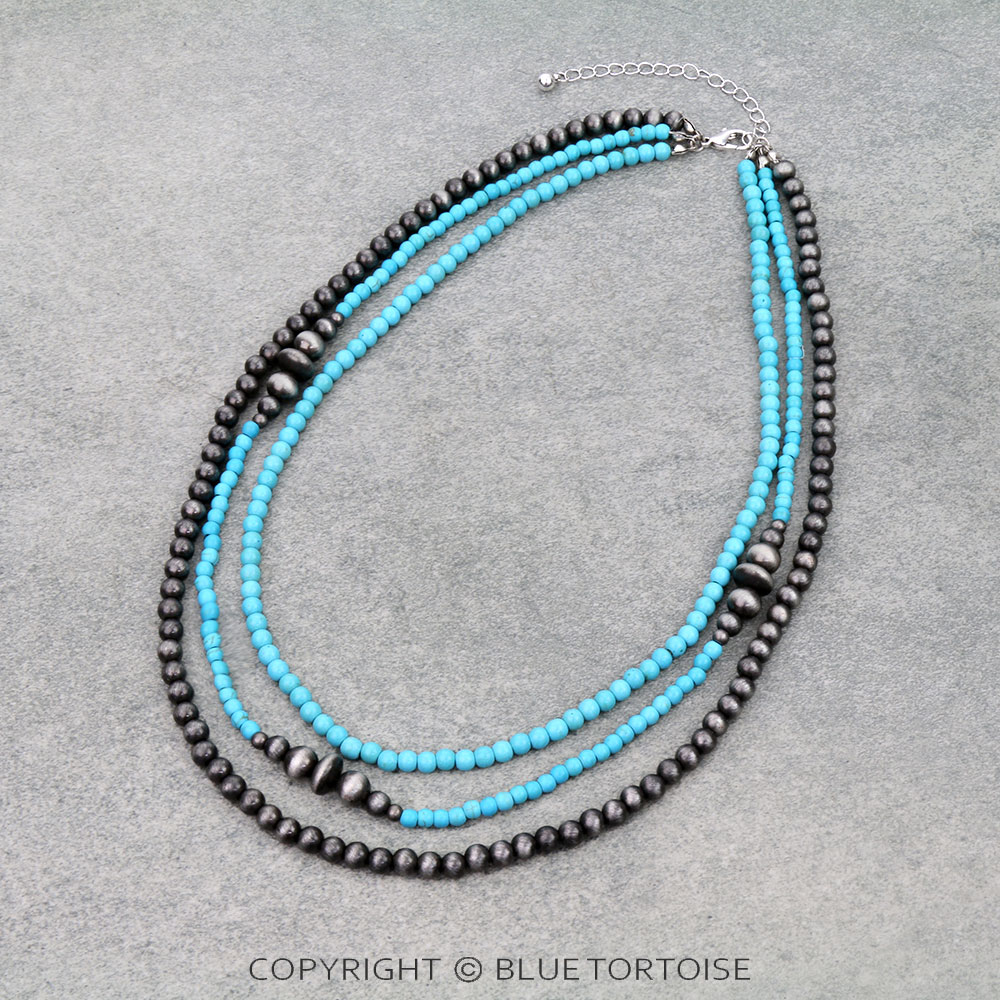 3 Layered Navajo Style Pearl and Bead Necklace