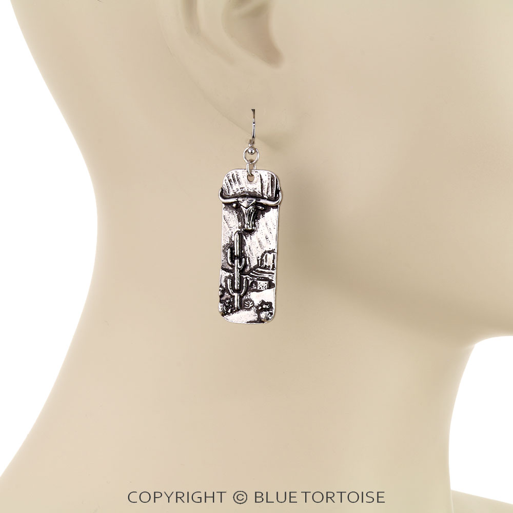 Western Steer Head Bar Dangle Earrings - Image 2