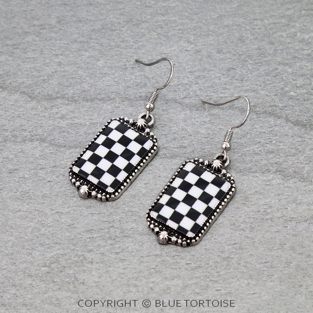 Checker Pattern Rectangle Dangle Earrings