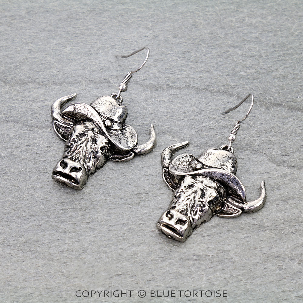 Western Highland Cow Cowboy Hat Dangle Earrings