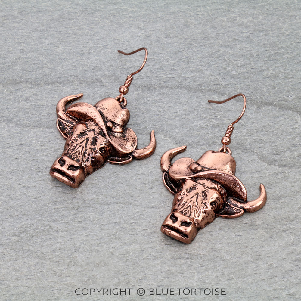 Western Highland Cow Cowboy Hat Dangle Earrings