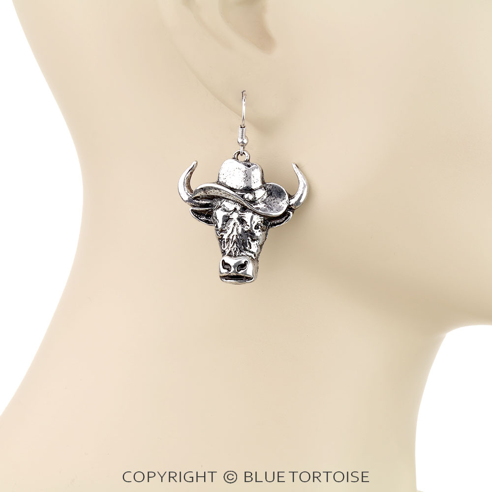 Western Highland Cow Cowboy Hat Dangle Earrings - Image 2