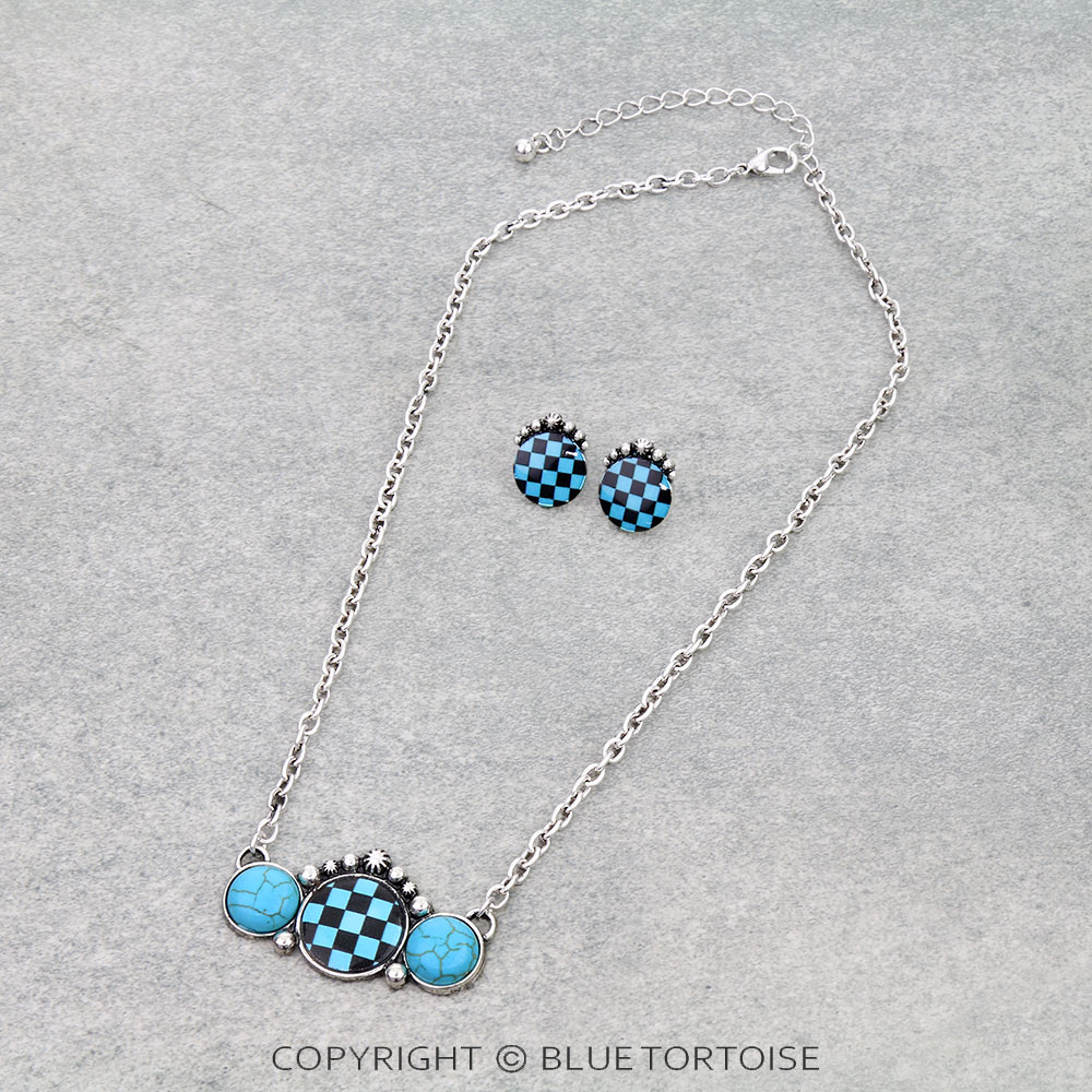 Checker Pattern Round Stone Necklace Set