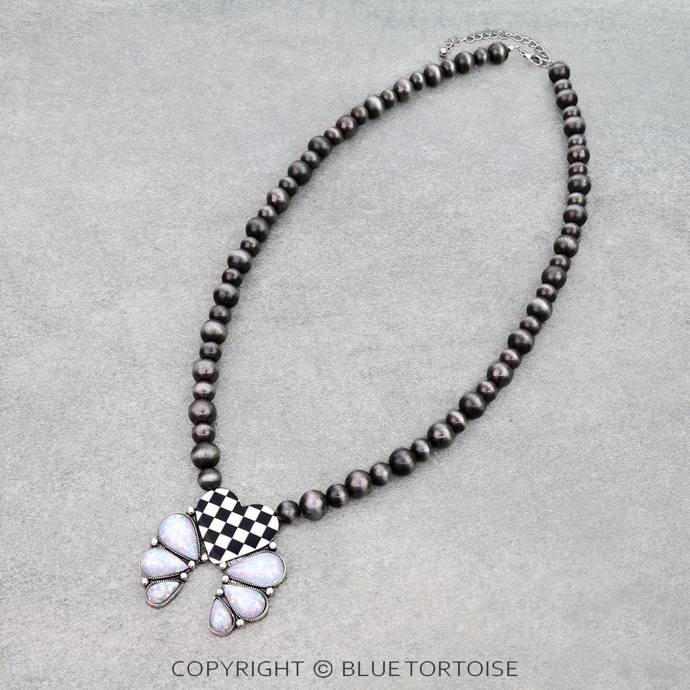 Checker Pattern Heart Squash Blossom Pendant Necklace