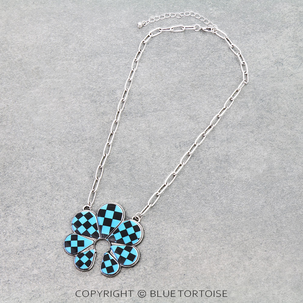Checker Pattern Squash Blossom Pendant Necklace