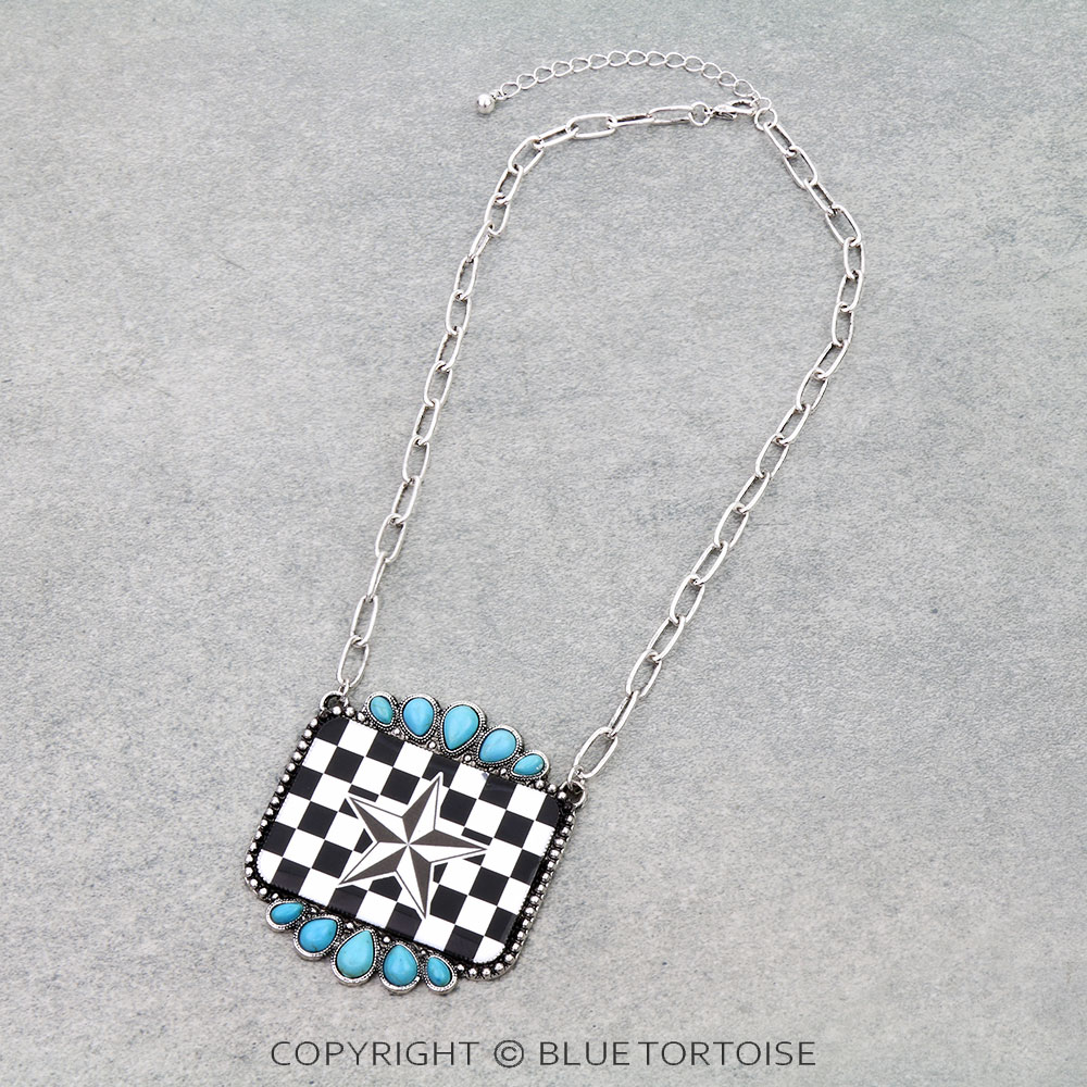 Checker Pattern Star Print Rectangle Necklace