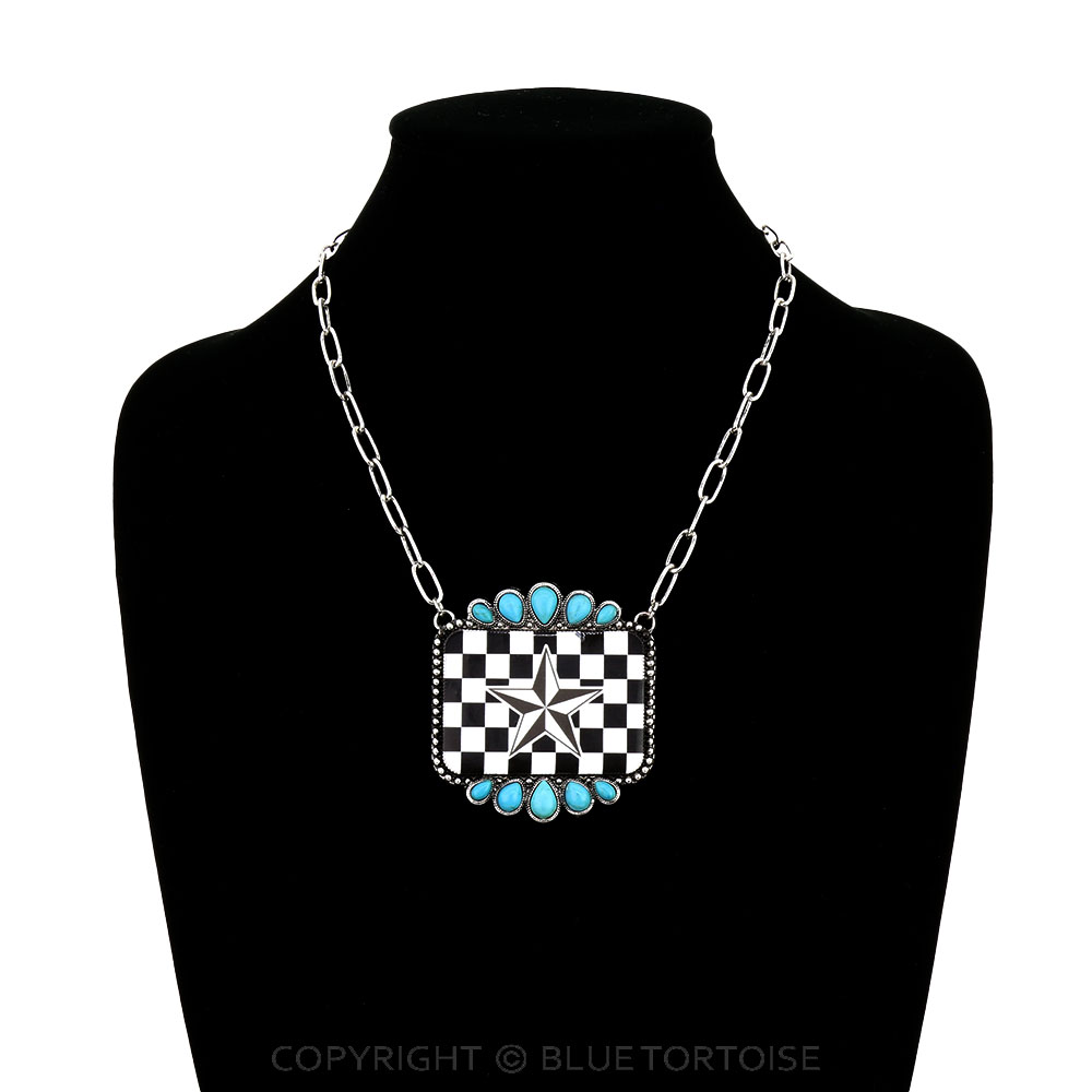 Checker Pattern Star Print Rectangle Necklace - Image 2