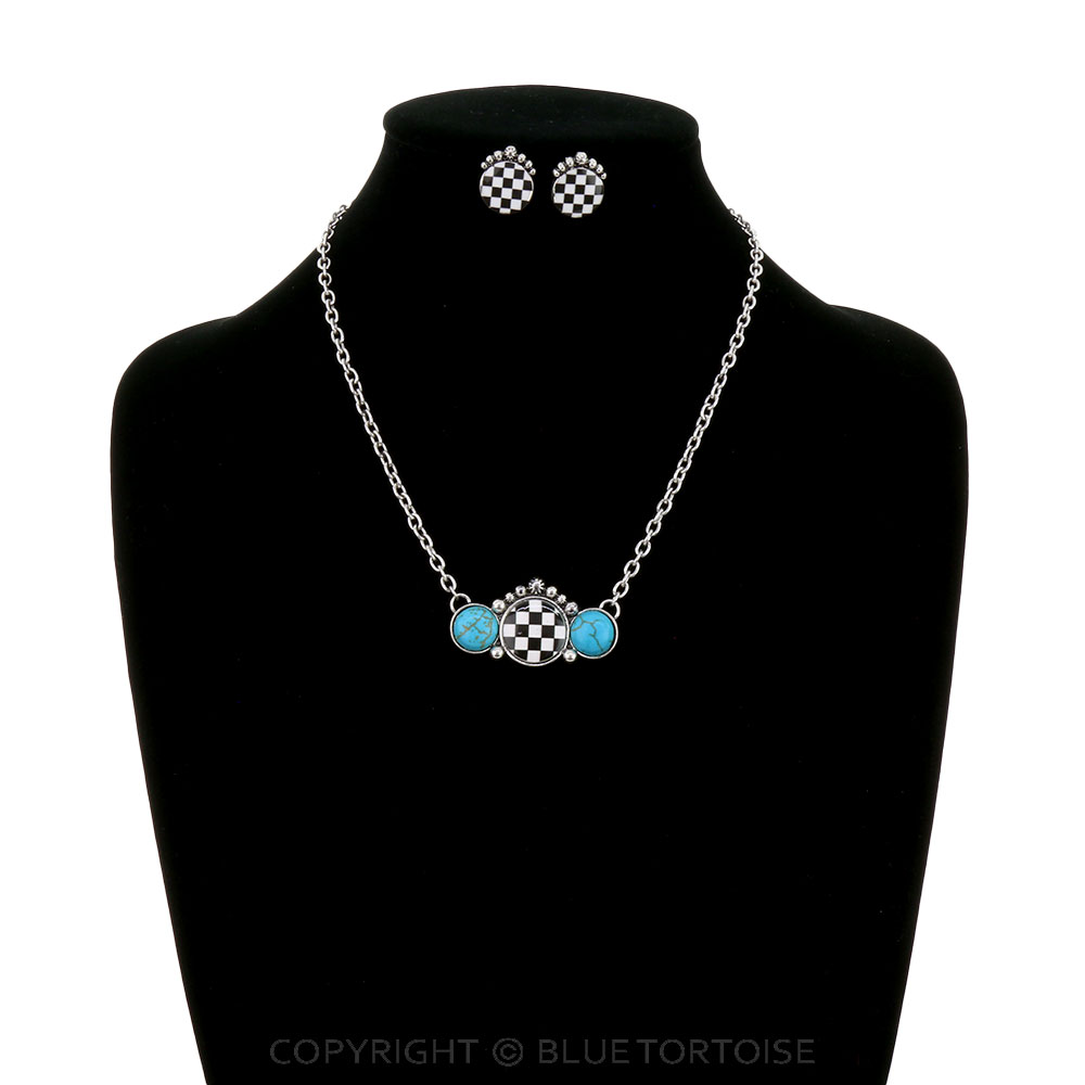 Checker Pattern Round Stone Necklace Set - Image 2