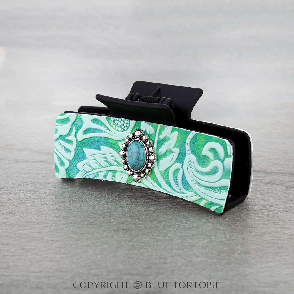 Floral Leather Thunder Stone Hair Claw Clip