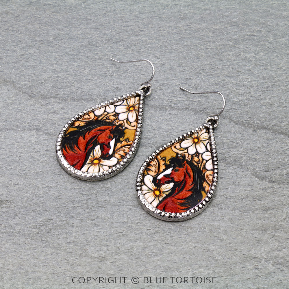 Western Teardrop Tooled Leather Dangle Earrings - Horse