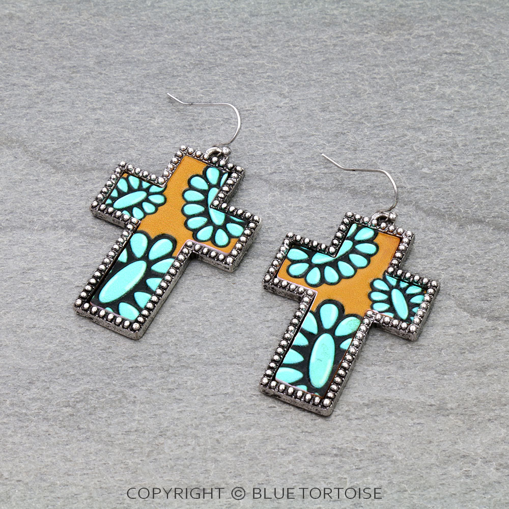 Western Cross Tooled Leather Dangle Earrings - Concho