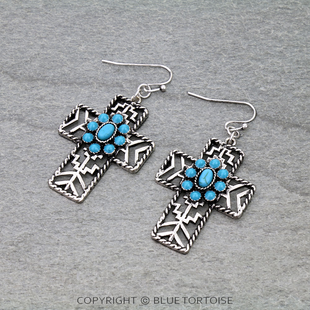 Western Cross Concho Stone Dangle Earrings