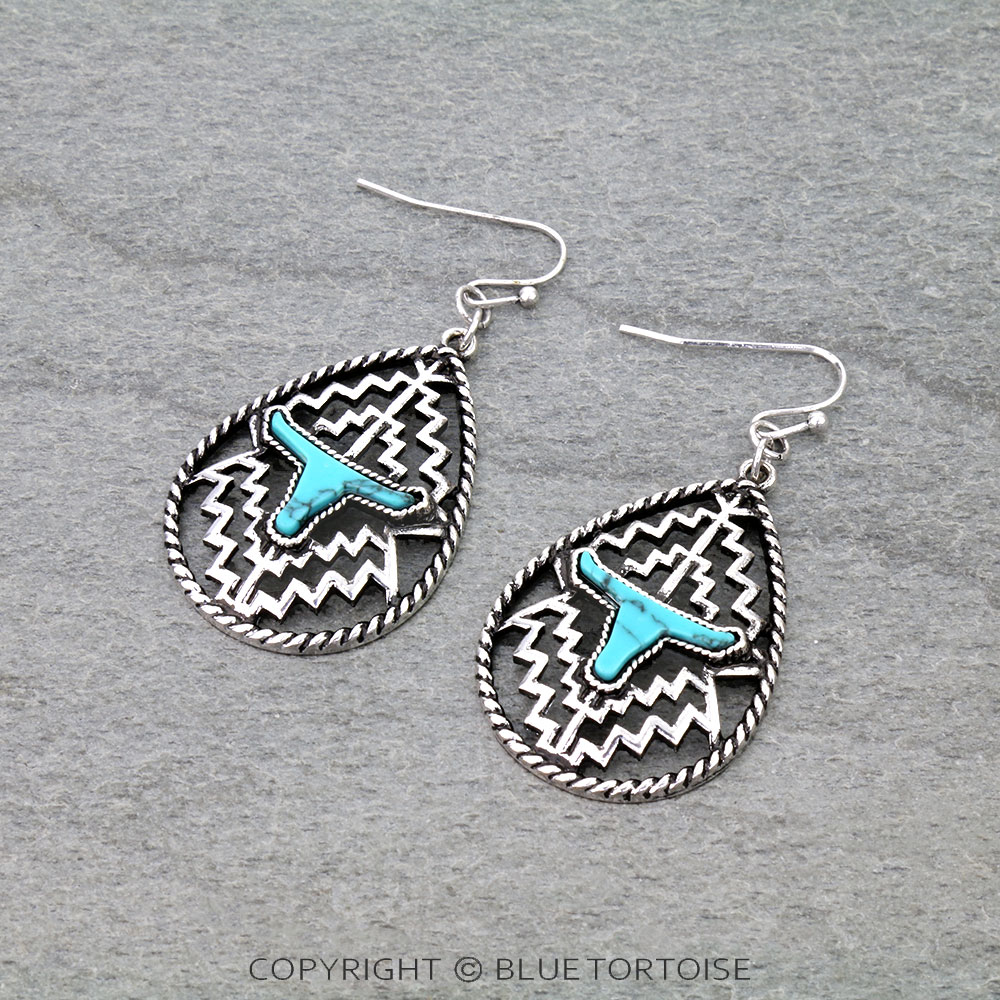 Western Teardrop Steer Head Stone Dangle Earrings
