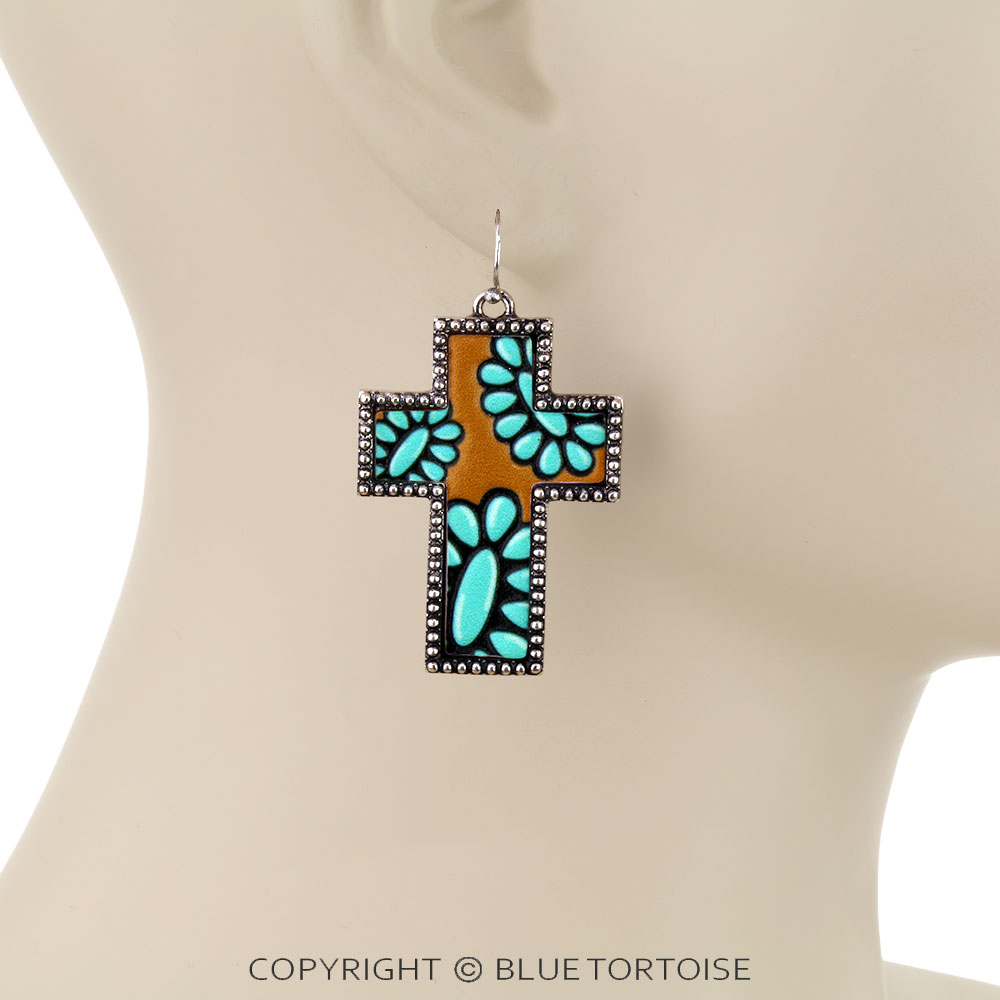 Western Cross Tooled Leather Dangle Earrings - Concho - Image 2