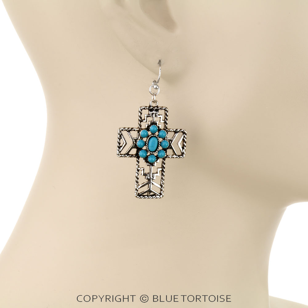 Western Cross Concho Stone Dangle Earrings - Image 2