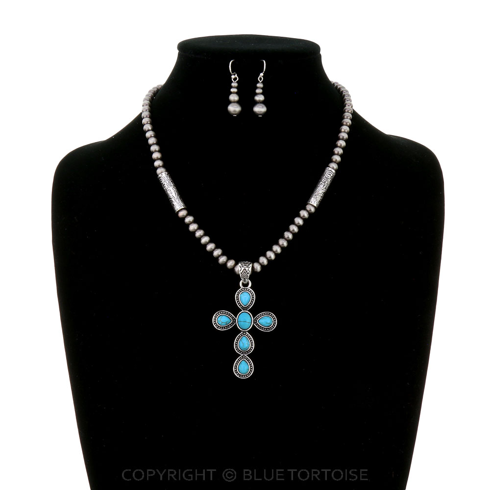 Western Cross Stone Pendant Necklace Set - Image 2