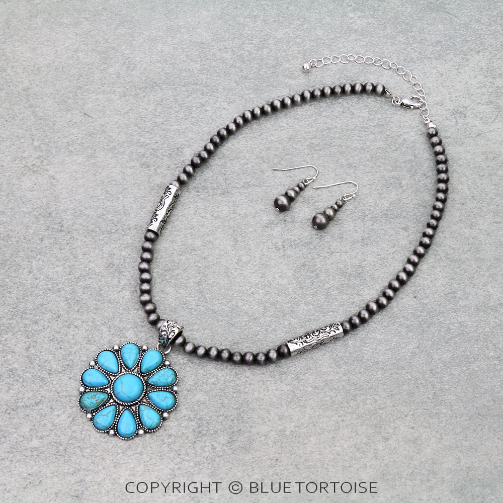 Western Concho Stone Pendant Necklace Set