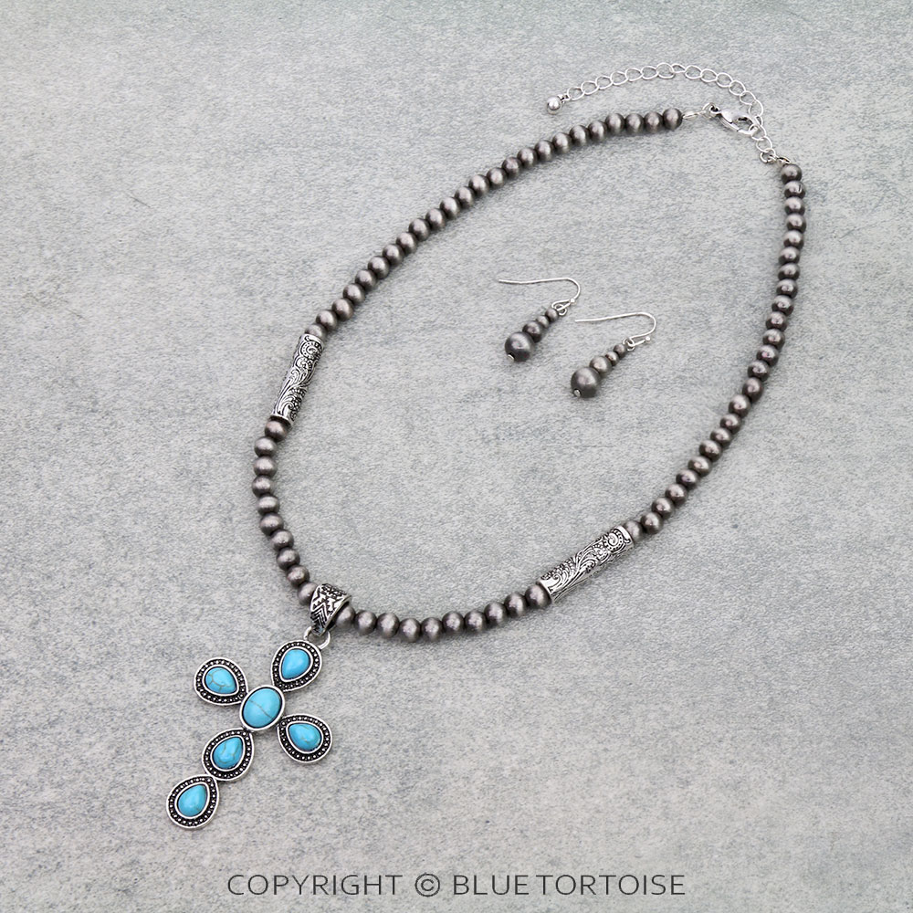 Western Cross Stone Pendant Necklace Set