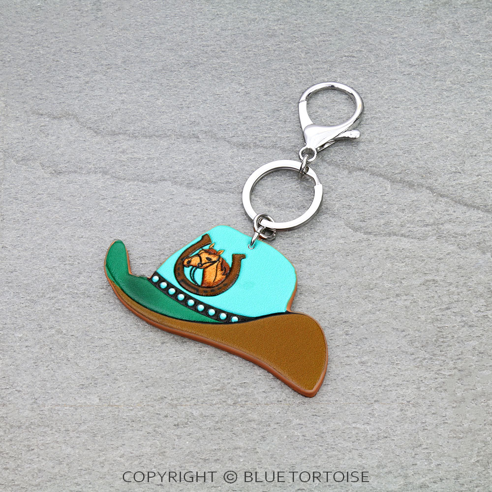 Western Tooled Leather Key Ring - Horse Cowboy Hat