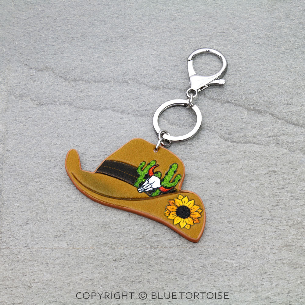 Western Tooled Leather Key Ring - Sunflower Cowboy Hat