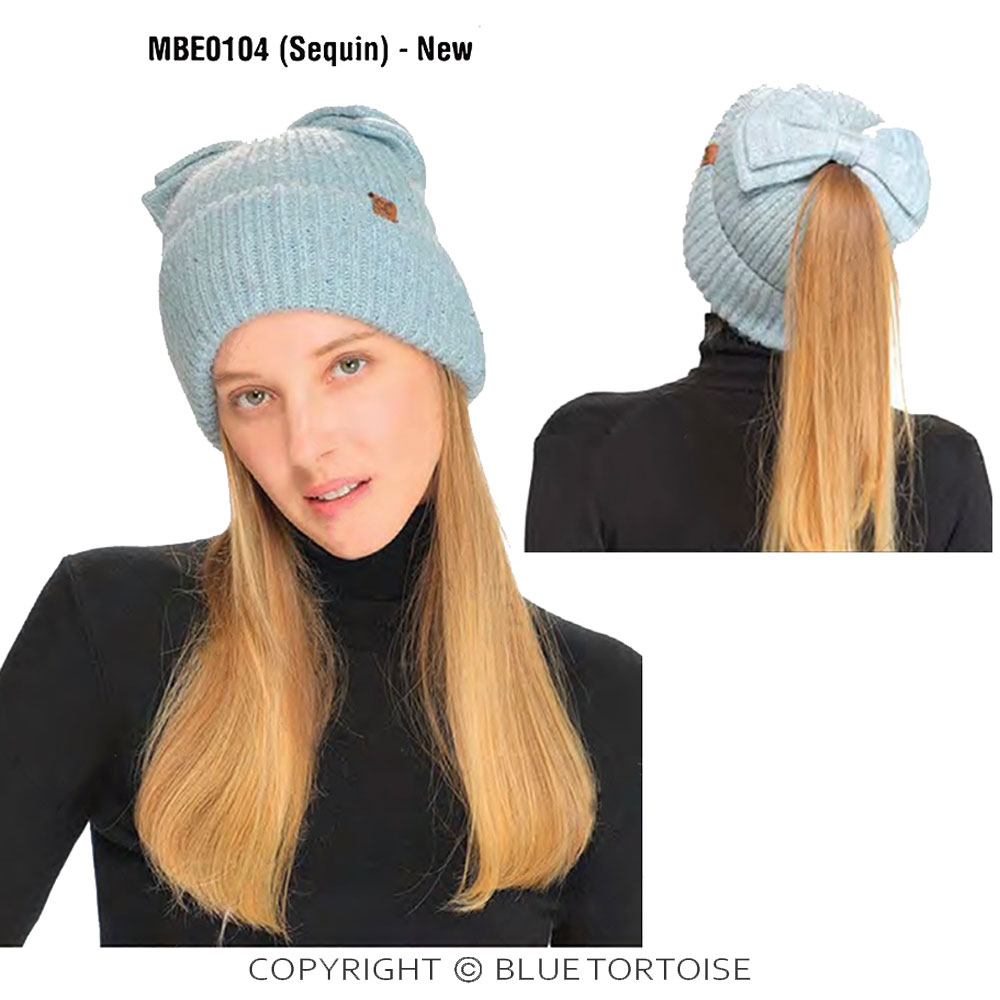 C.C Messy Bun Bow Beanie with Sequins - Image 2