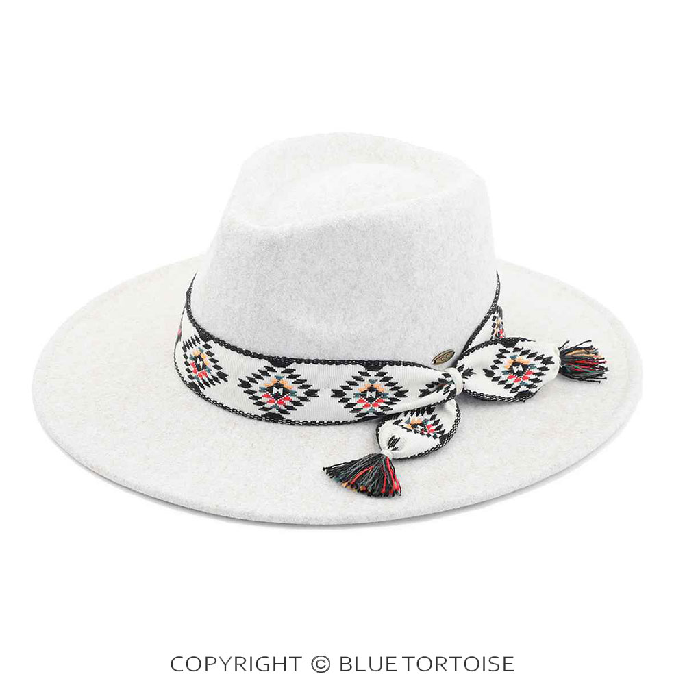 C.C Vegan Felt Panama Brim Hat with Aztec Trim Band