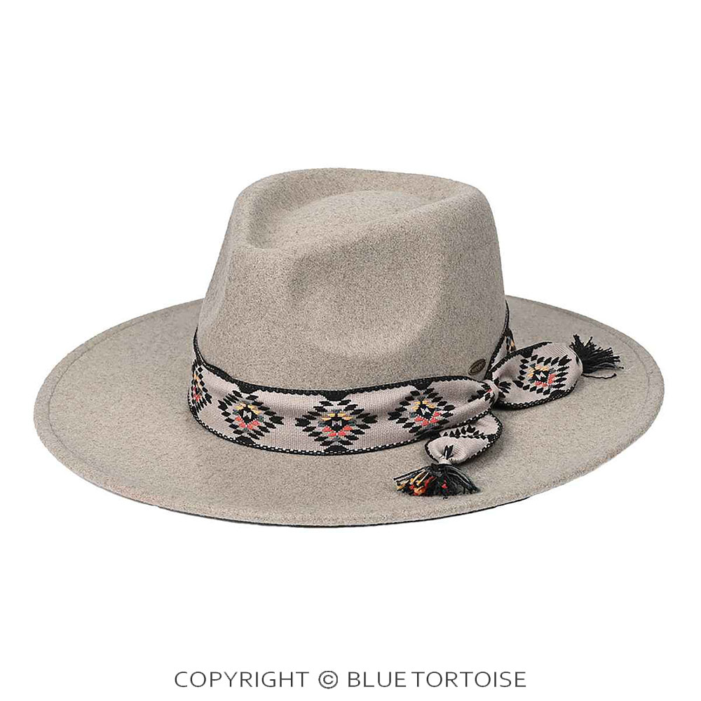 C.C Vegan Felt Panama Brim Hat with Aztec Trim Band