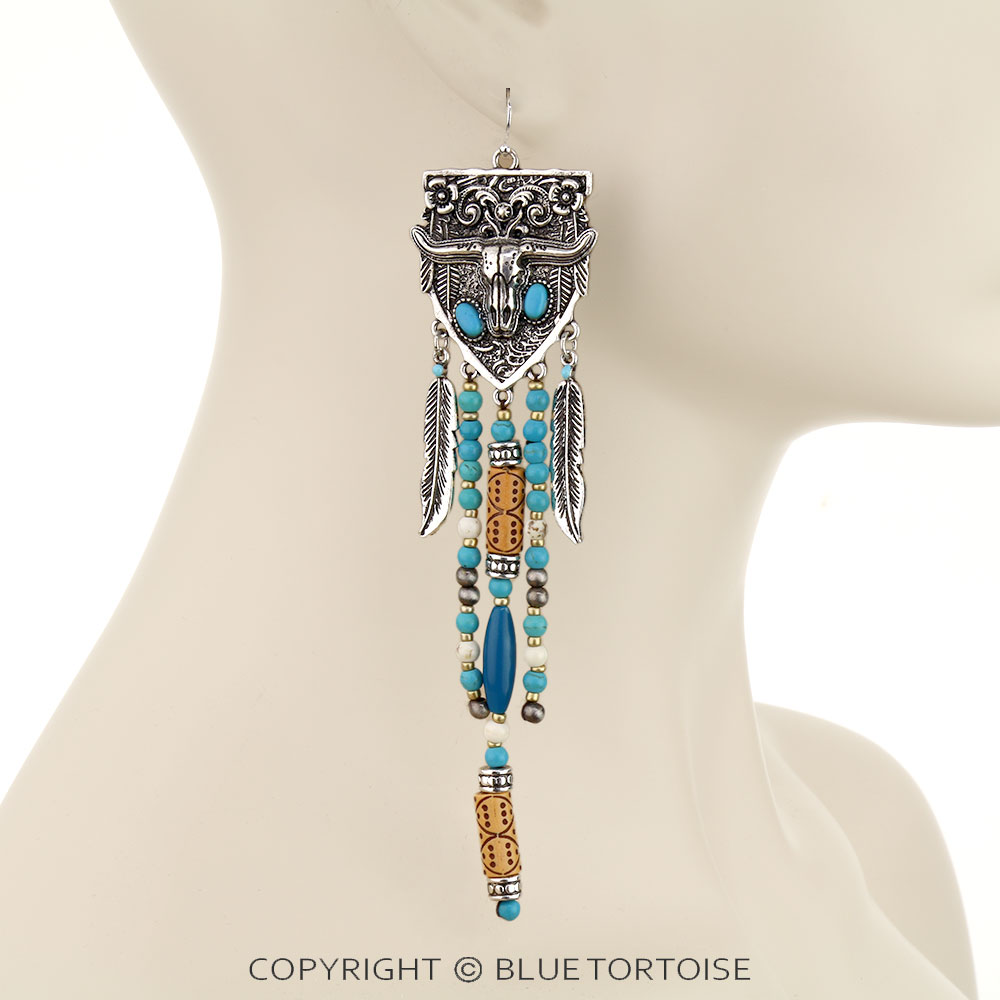 Western Steer Skull w/ Bead Fringe Dangle Earrings - Image 2