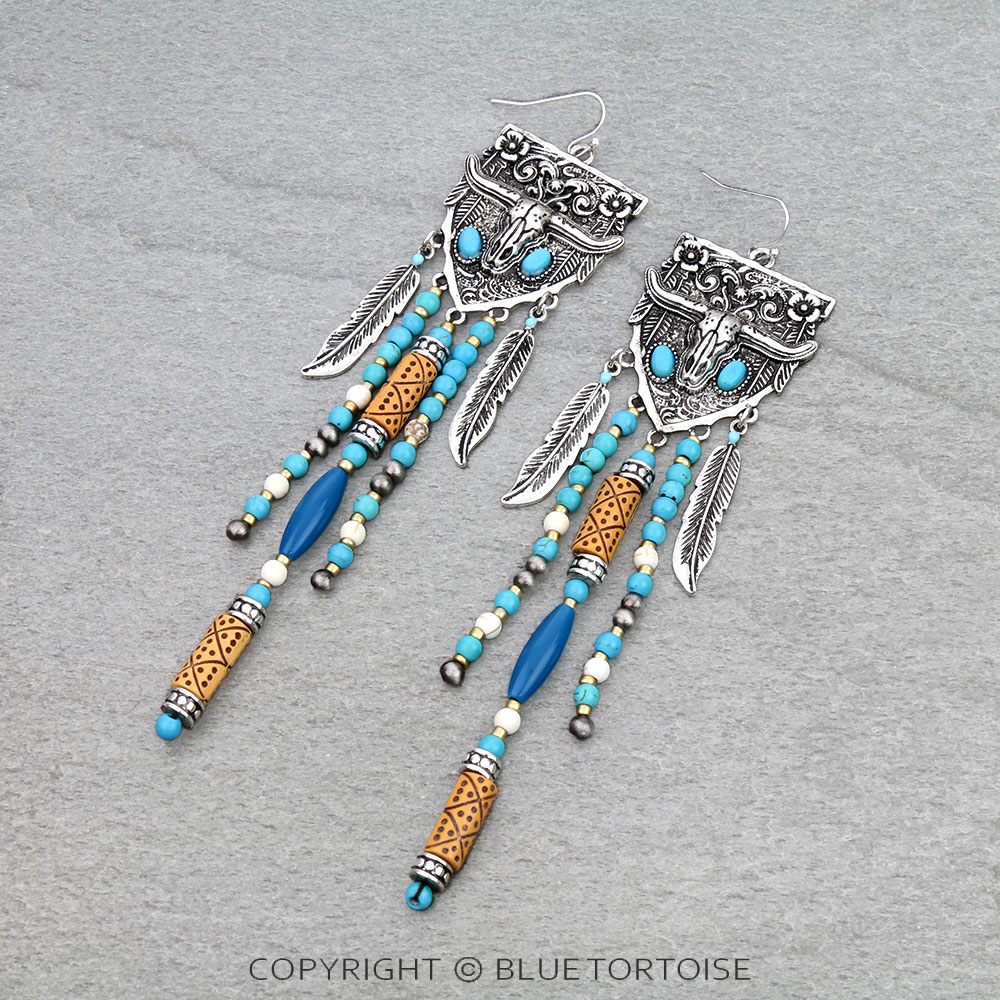 Western Steer Skull w/ Bead Fringe Dangle Earrings