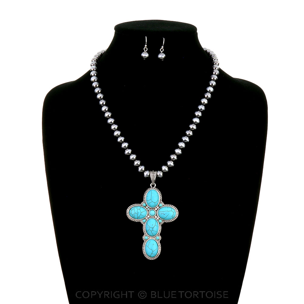 Western Cross Stone Pendant Necklace Set - Image 2