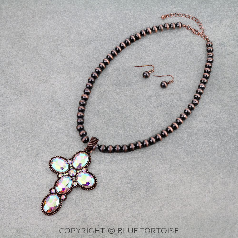 Western Cross Stone Pendant Necklace Set