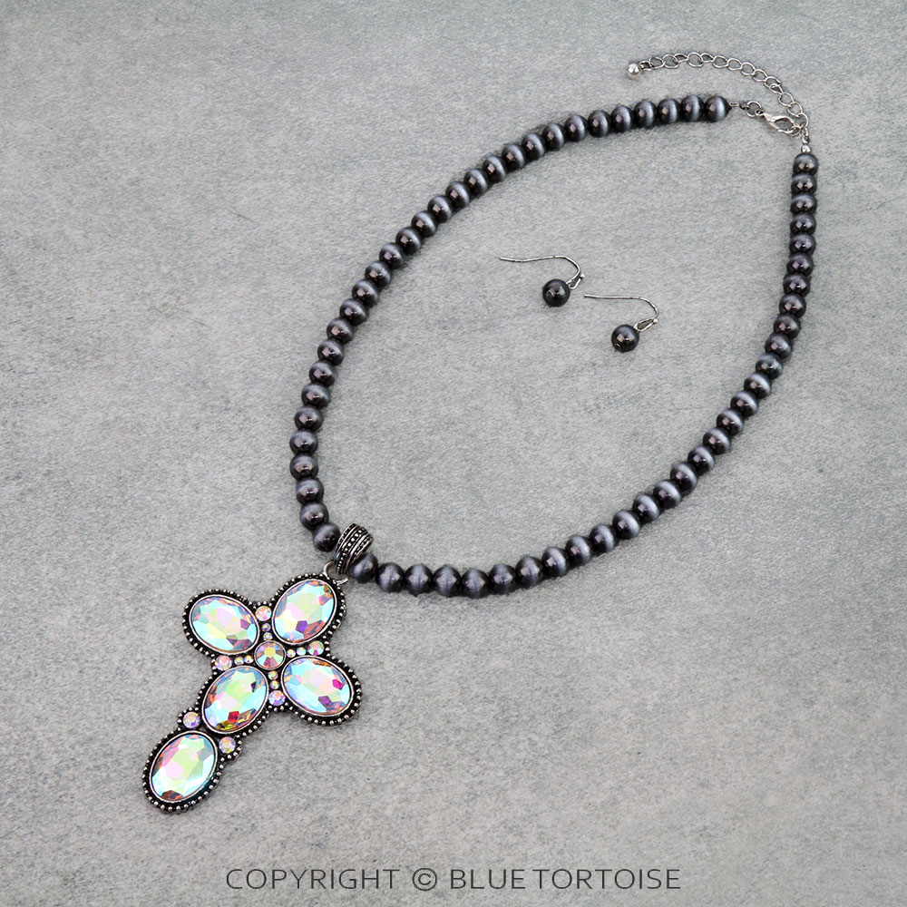 Western Cross Stone Pendant Necklace Set