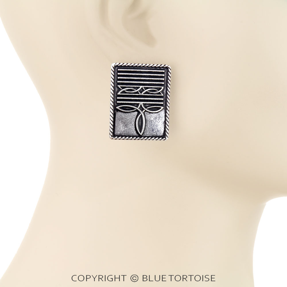 Western Boot Stitch Rectangle Stud Earrings - Image 2