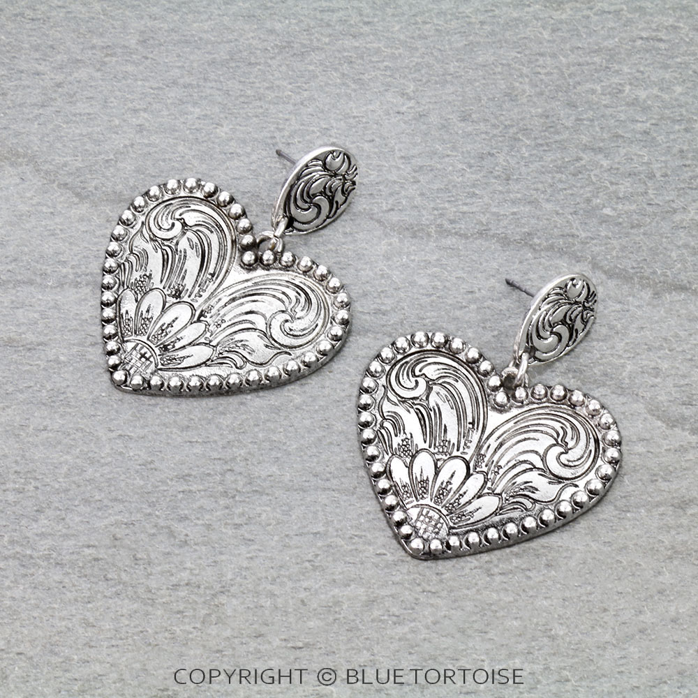 Western Heart Etched Stud Earrings
