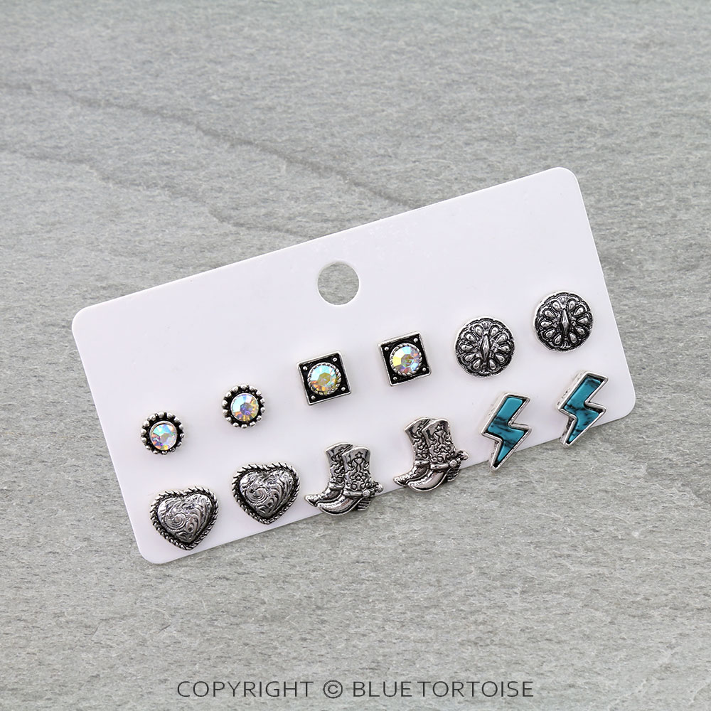 6 Pair Western Design Stud Earring Set