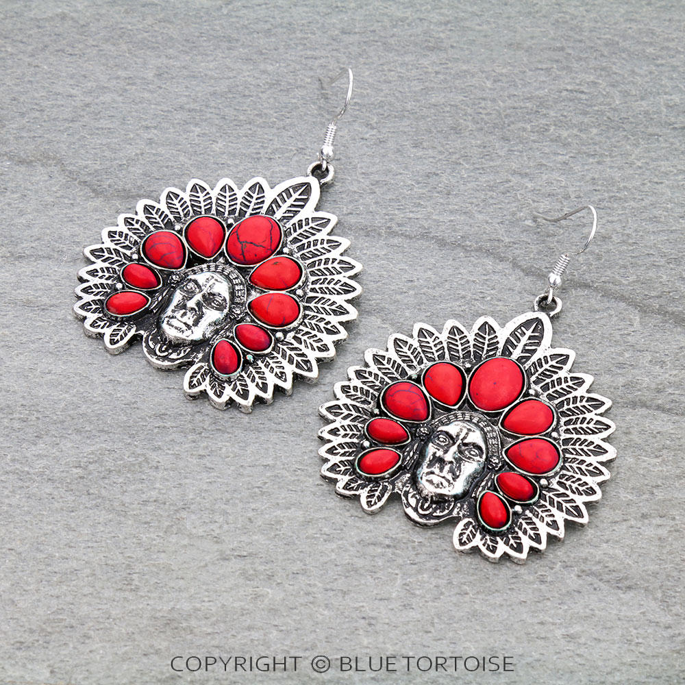 Western Indian Chief Head Dangle Earrings