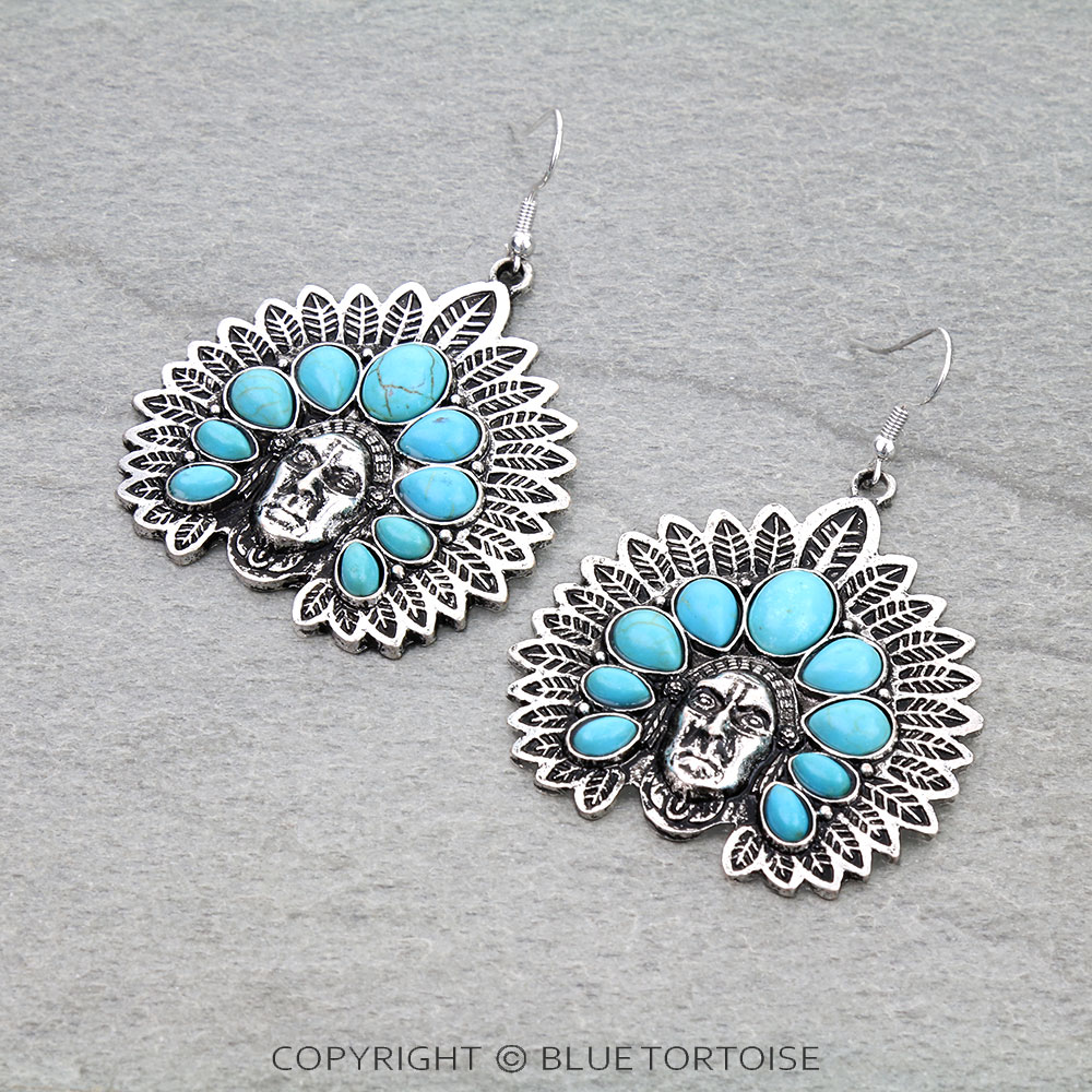 Western Indian Chief Head Dangle Earrings