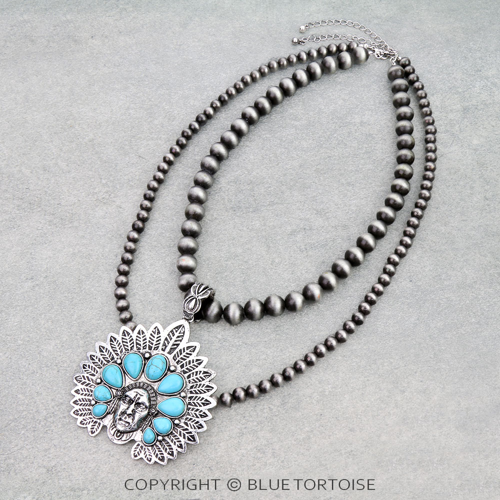 2 Layered Indian Chief Head Pendant Necklace