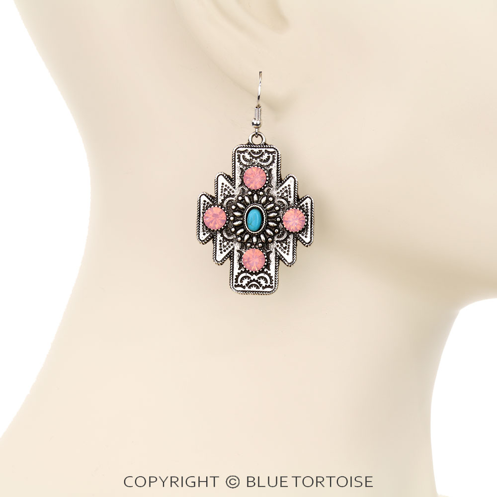Western Aztec Concho Stone Dangle Earrings - Image 2