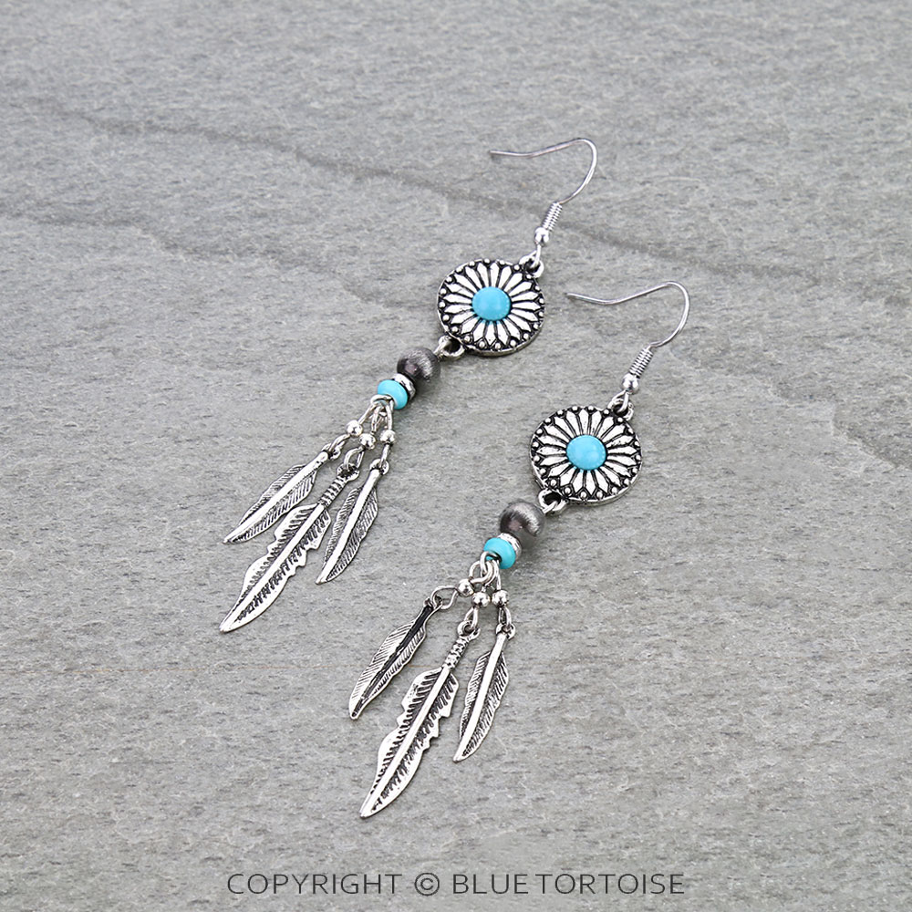 Western Concho Feather Dangle Earrings