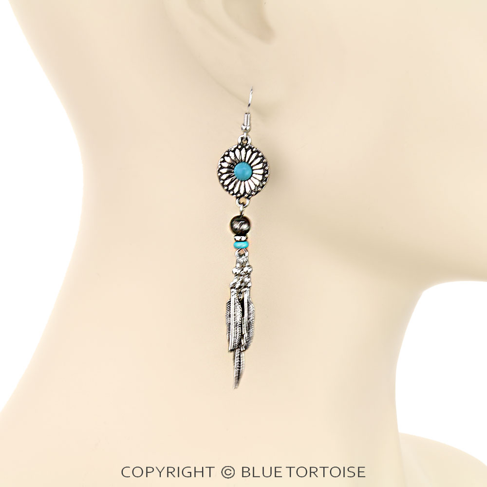 Western Concho Feather Dangle Earrings - Image 2