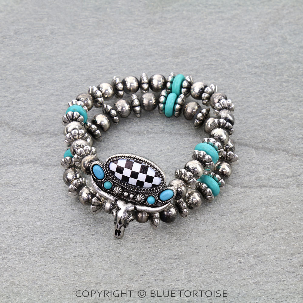 Western Steer Skull Checker Board Stackable Bracelets