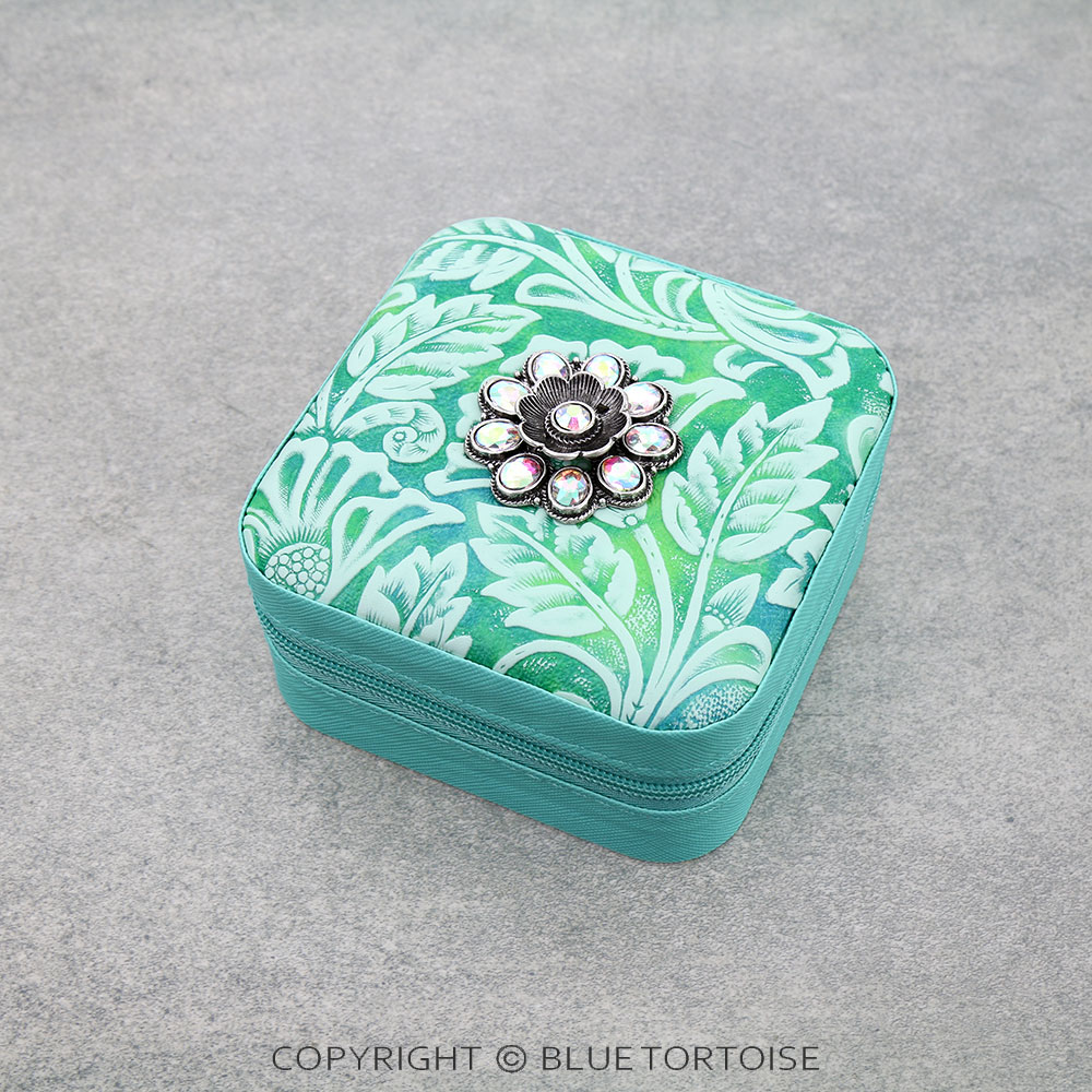 Western Tooled Leather Travel Jewelry Box - Flower Concho