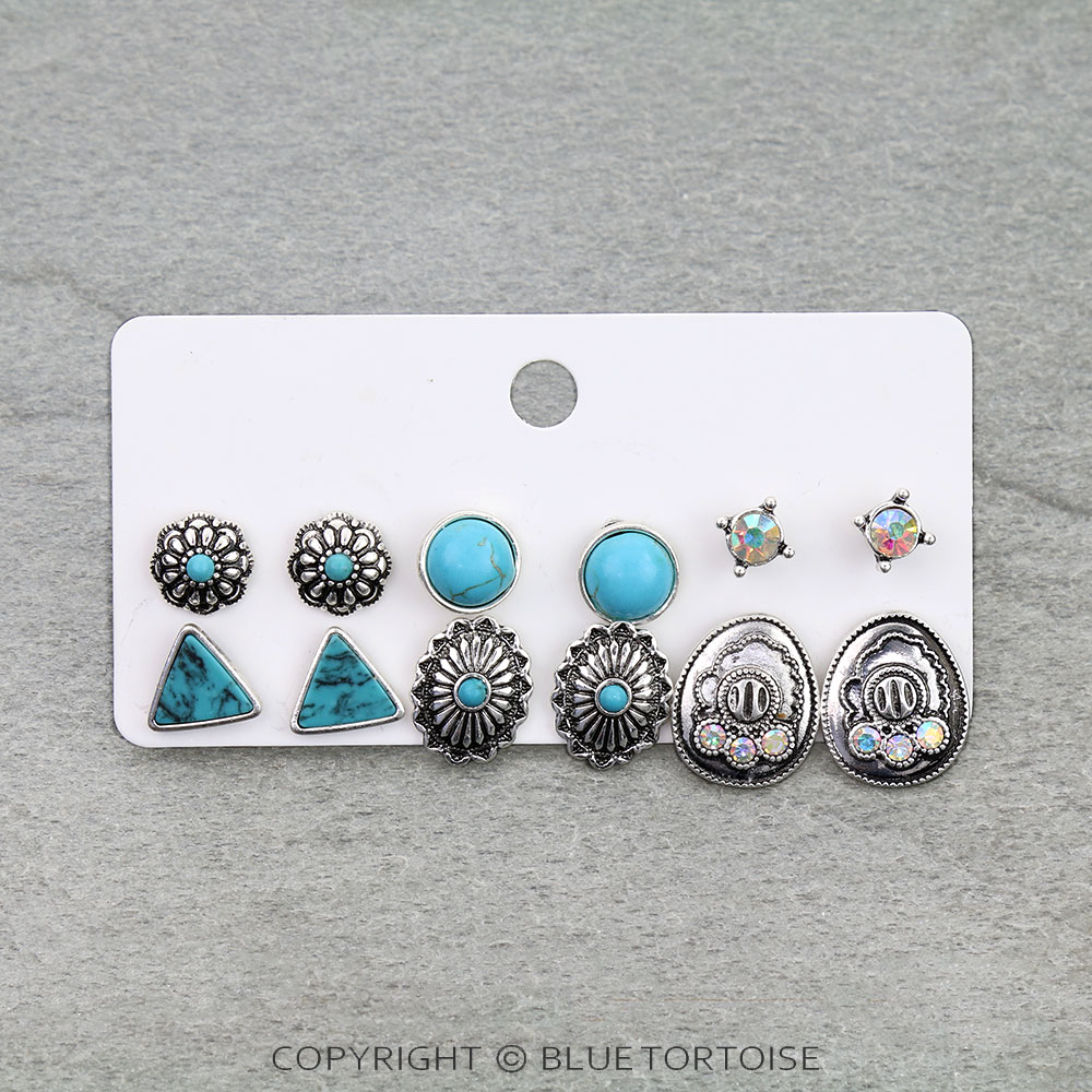 6 Pair Western Design Stud Earring Set
