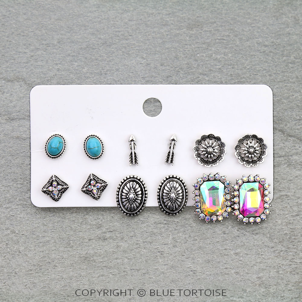 6 Pair Western Design Stud Earring Set