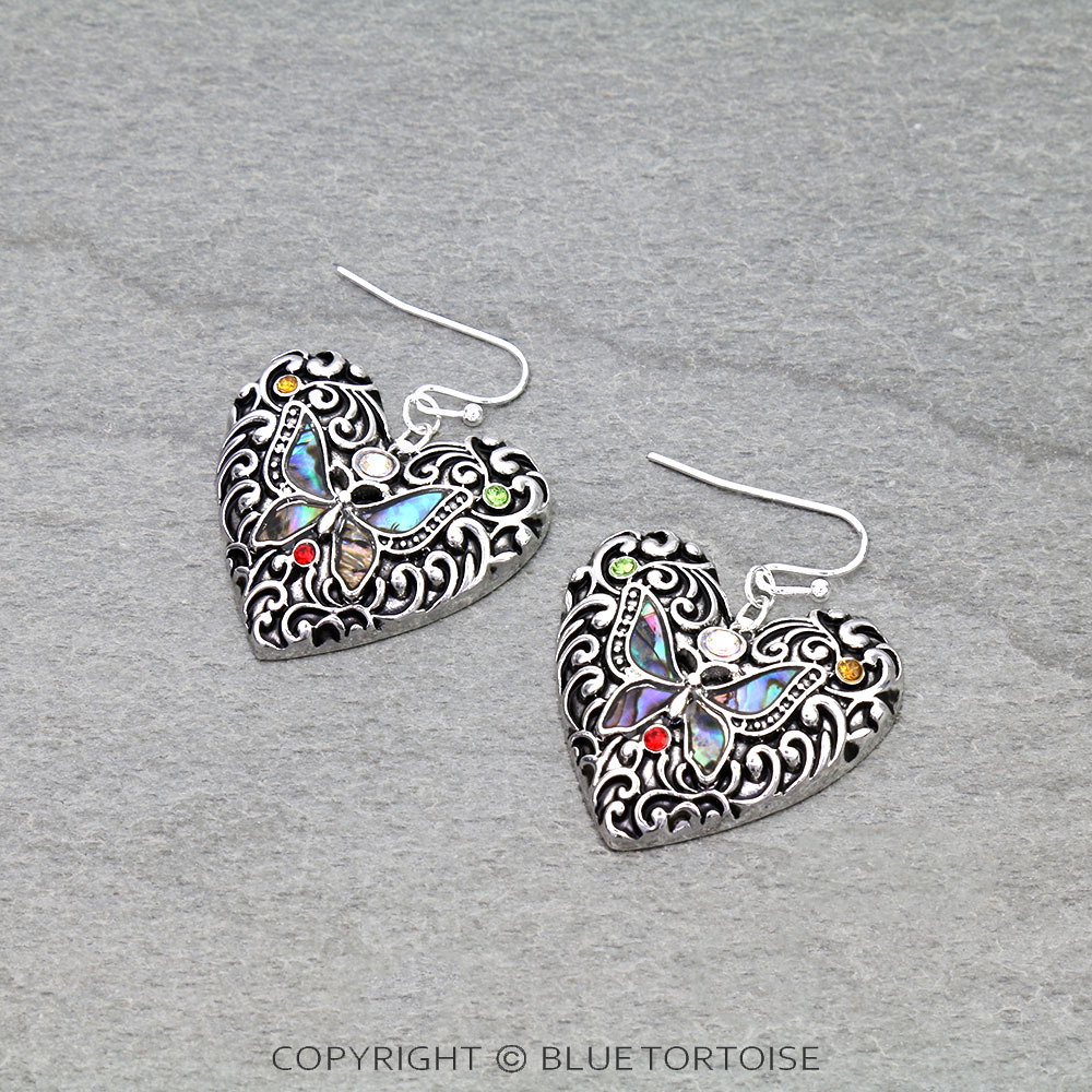 Heart Filigree Butterfly Abalone Dangle Earrings