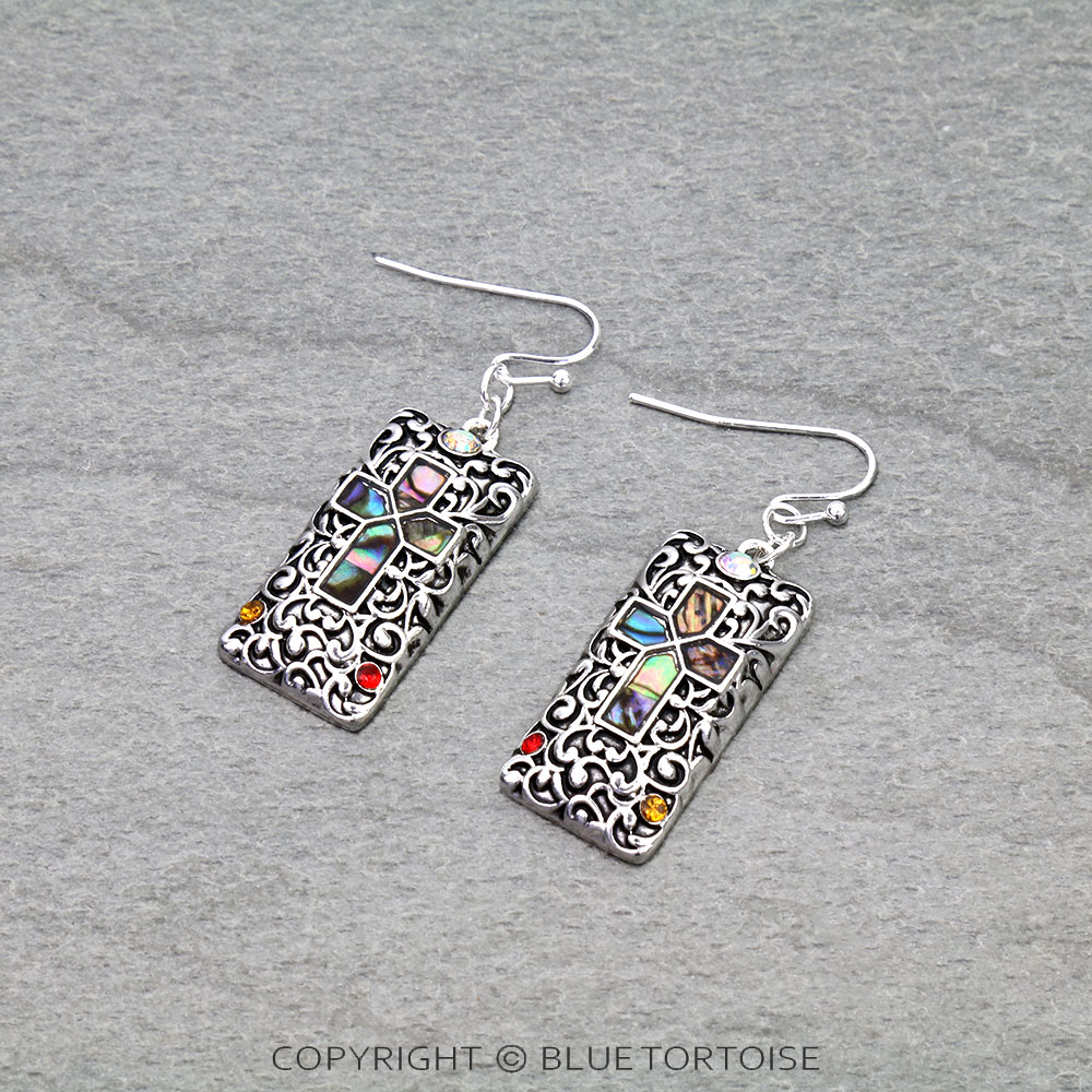 Inspirational Filigree Cross Abalone Dangle Earrings