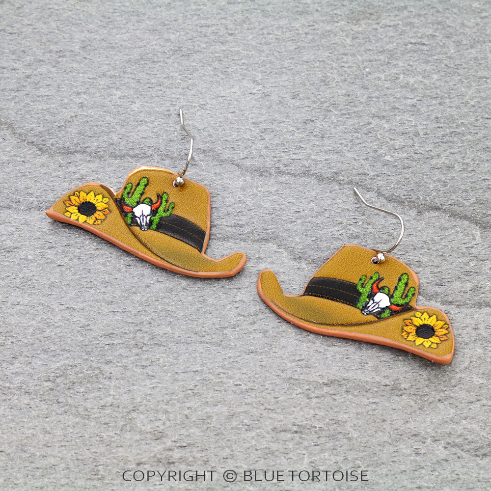 Western Tooled Leather Cowboy Hat Dangle Earrings