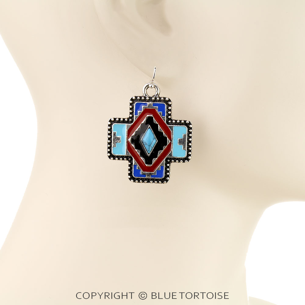 Western Aztec Cross Enamel Dangle Earrings - Image 2